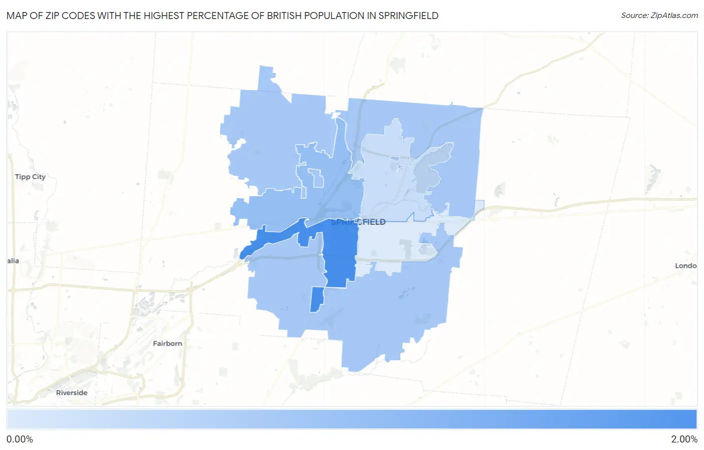 Zip Codes with the Highest Percentage of British Population in Springfield Map