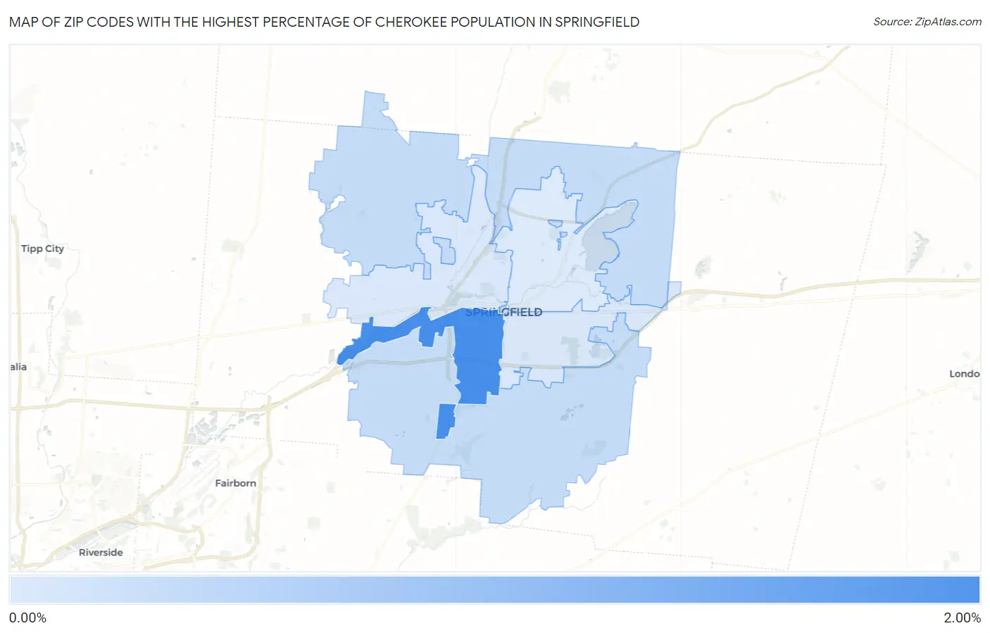 Zip Codes with the Highest Percentage of Cherokee Population in Springfield Map