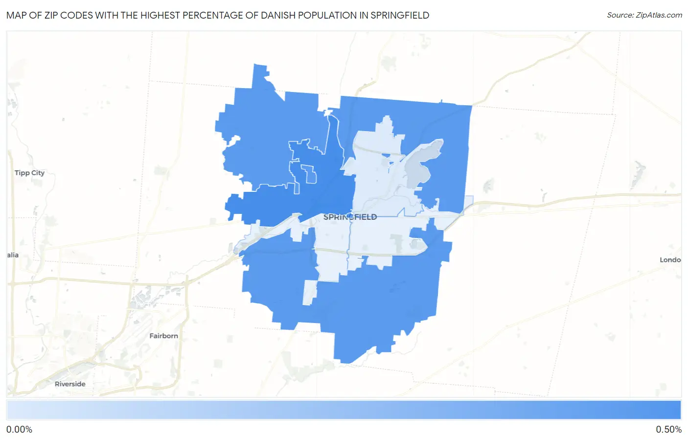 Zip Codes with the Highest Percentage of Danish Population in Springfield Map