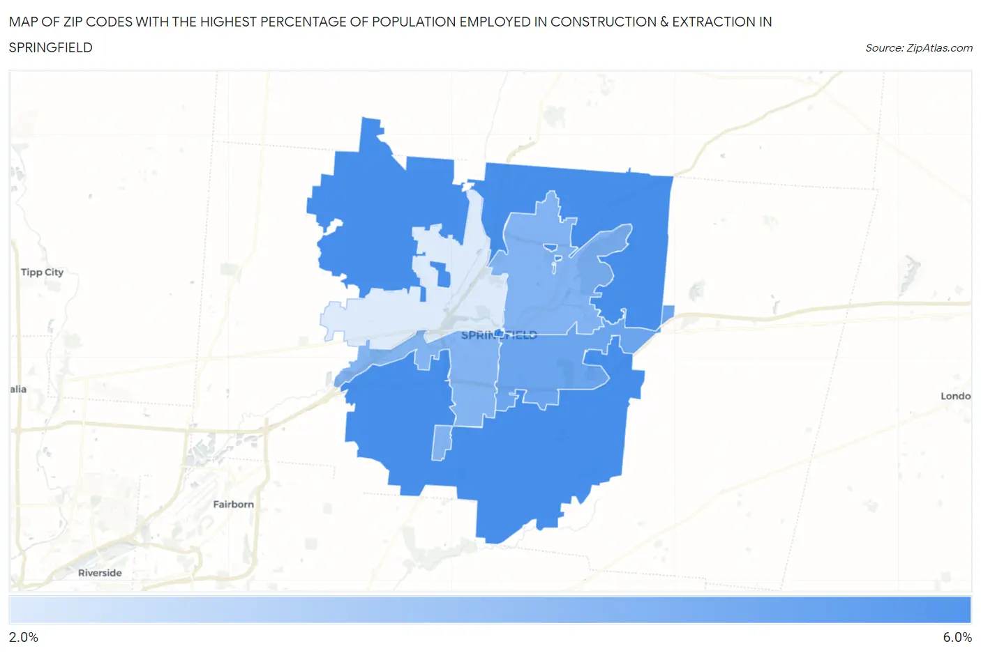 Zip Codes with the Highest Percentage of Population Employed in Construction & Extraction in Springfield Map