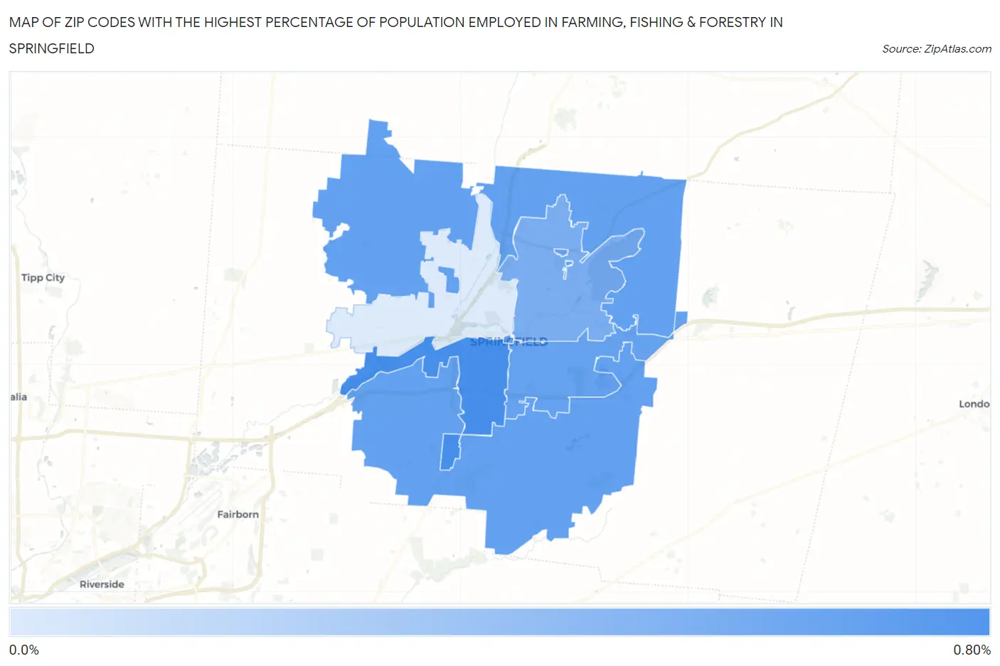 Zip Codes with the Highest Percentage of Population Employed in Farming, Fishing & Forestry in Springfield Map