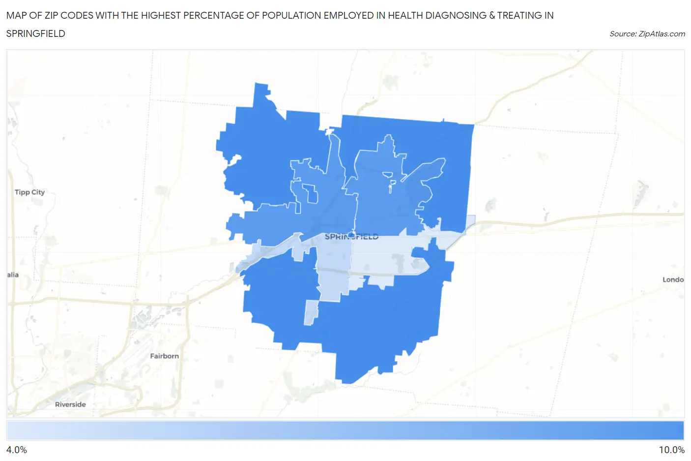 Zip Codes with the Highest Percentage of Population Employed in Health Diagnosing & Treating in Springfield Map
