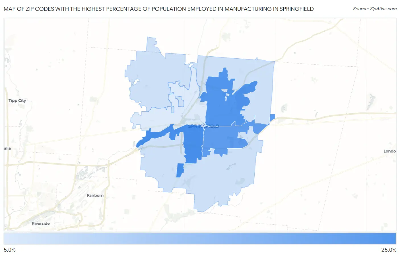 Zip Codes with the Highest Percentage of Population Employed in Manufacturing in Springfield Map