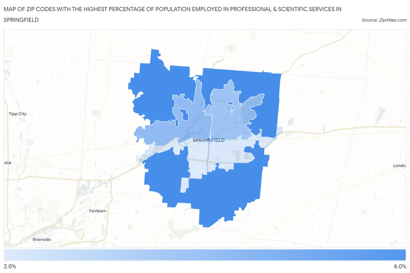 Zip Codes with the Highest Percentage of Population Employed in Professional & Scientific Services in Springfield Map