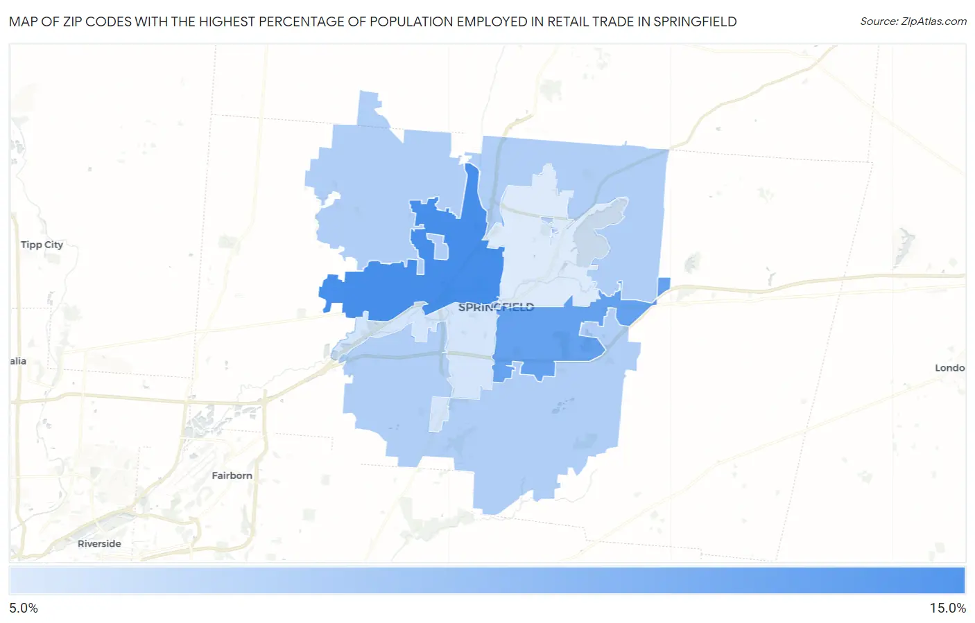 Zip Codes with the Highest Percentage of Population Employed in Retail Trade in Springfield Map