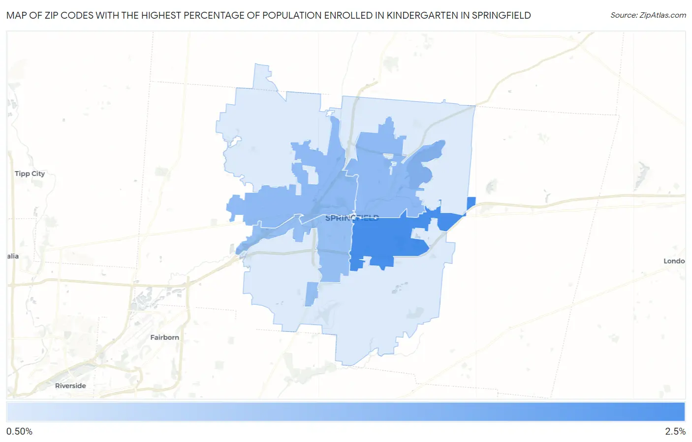 Zip Codes with the Highest Percentage of Population Enrolled in Kindergarten in Springfield Map