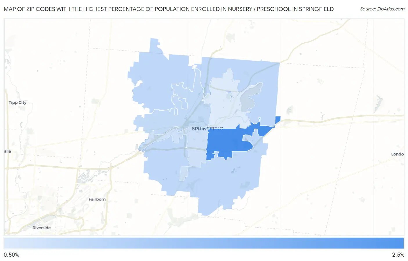 Zip Codes with the Highest Percentage of Population Enrolled in Nursery / Preschool in Springfield Map