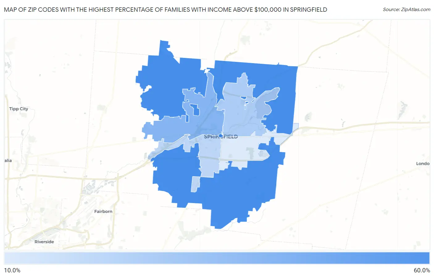 Zip Codes with the Highest Percentage of Families with Income Above $100,000 in Springfield Map