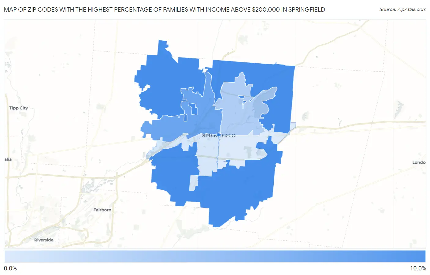 Zip Codes with the Highest Percentage of Families with Income Above $200,000 in Springfield Map