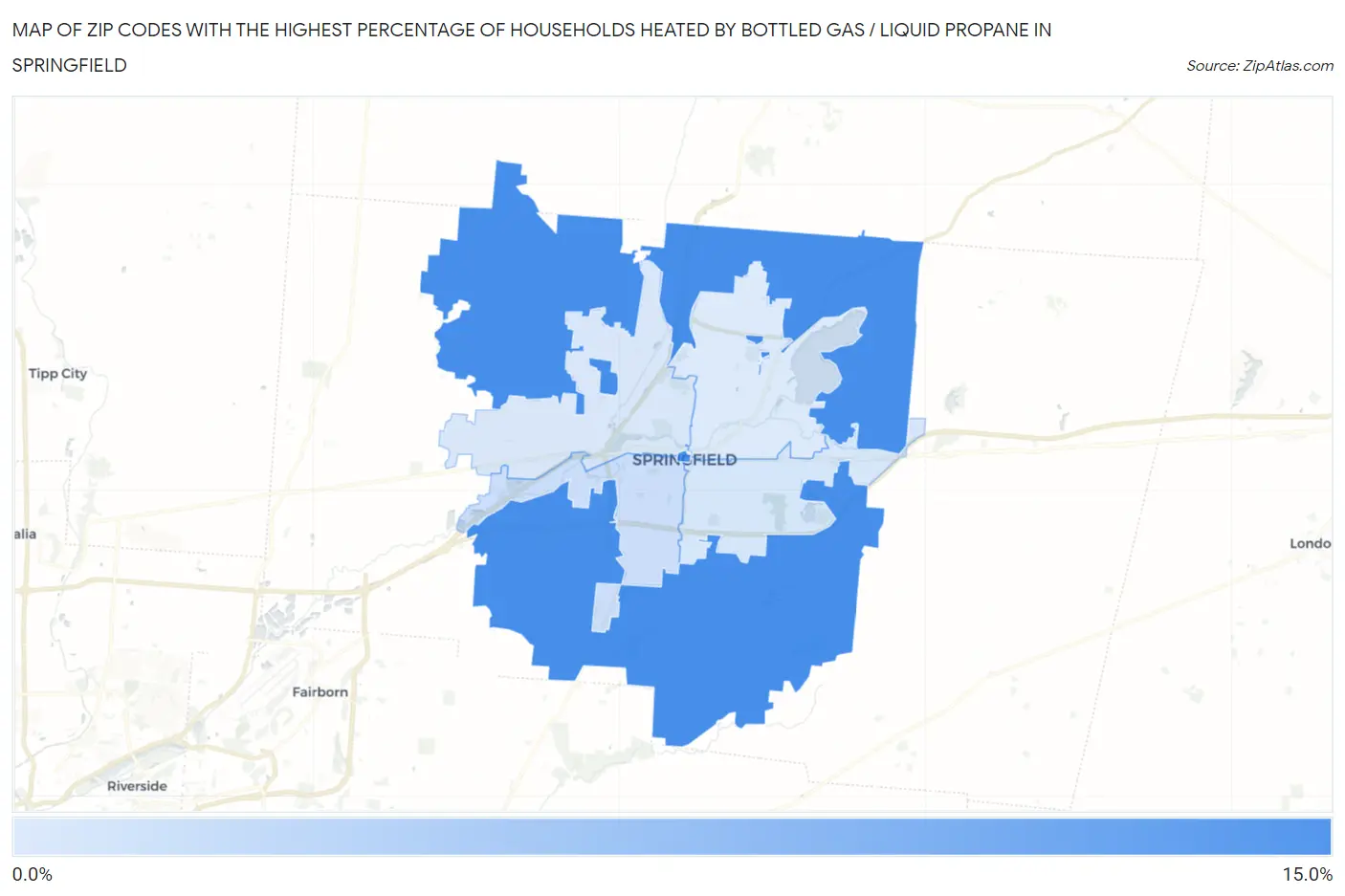 Zip Codes with the Highest Percentage of Households Heated by Bottled Gas / Liquid Propane in Springfield Map