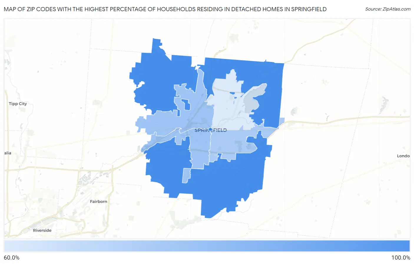 Zip Codes with the Highest Percentage of Households Residing in Detached Homes in Springfield Map