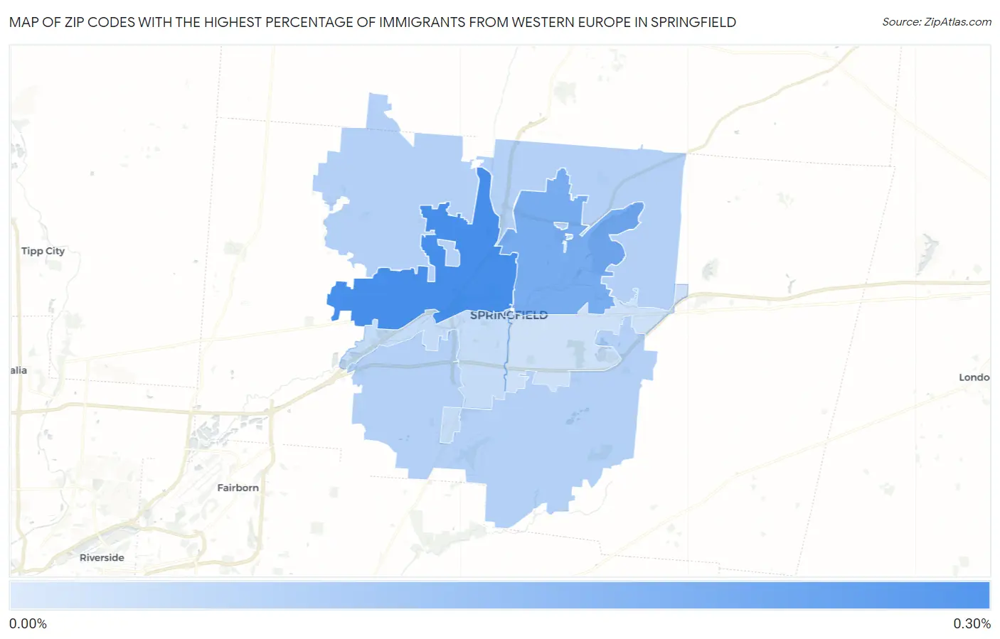 Zip Codes with the Highest Percentage of Immigrants from Western Europe in Springfield Map