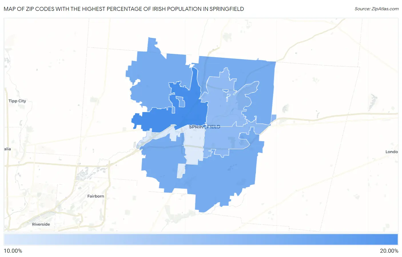 Zip Codes with the Highest Percentage of Irish Population in Springfield Map