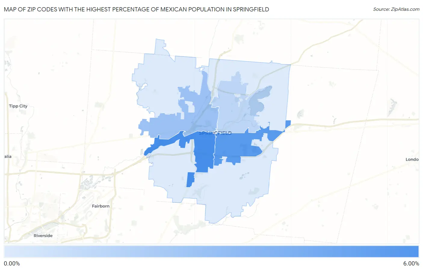 Zip Codes with the Highest Percentage of Mexican Population in Springfield Map