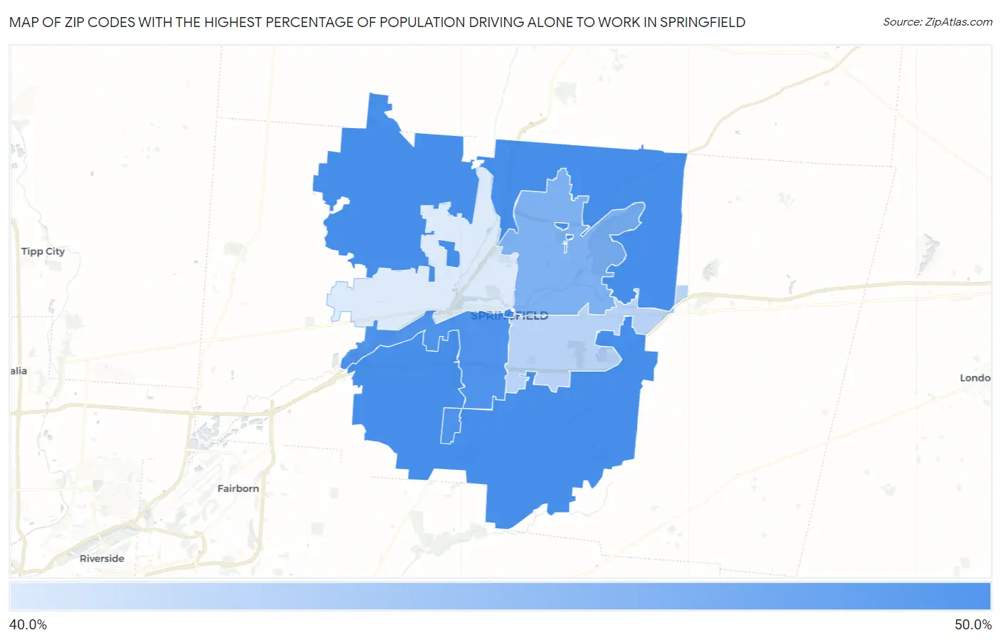 Zip Codes with the Highest Percentage of Population Driving Alone to Work in Springfield Map