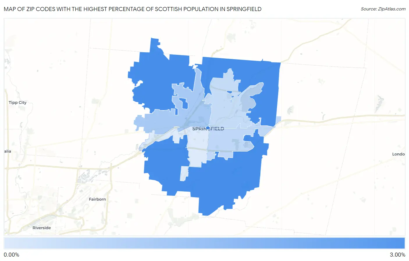 Zip Codes with the Highest Percentage of Scottish Population in Springfield Map