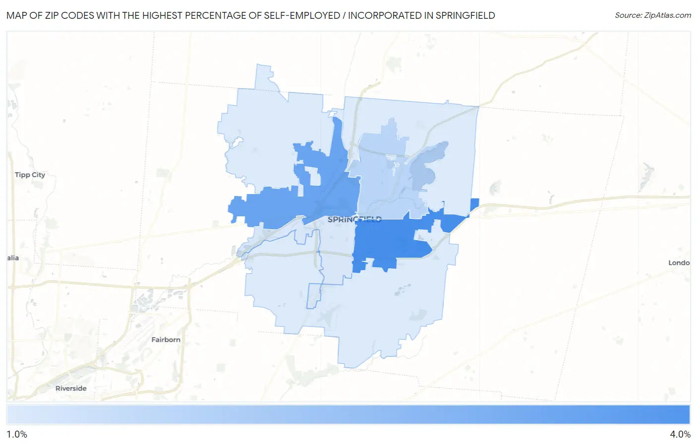 Zip Codes with the Highest Percentage of Self-Employed / Incorporated in Springfield Map
