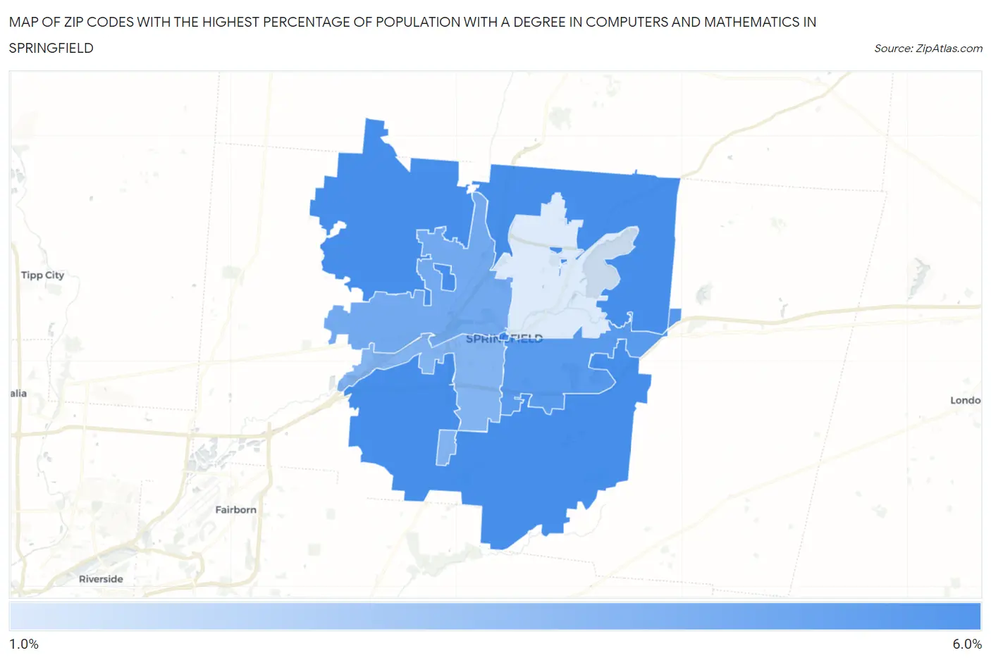 Zip Codes with the Highest Percentage of Population with a Degree in Computers and Mathematics in Springfield Map