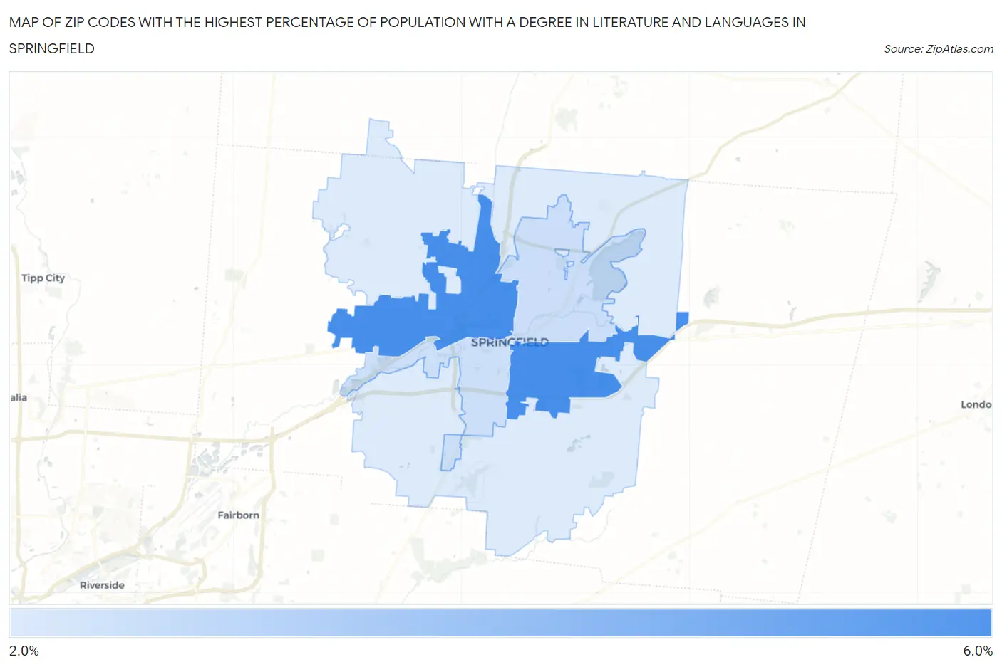 Zip Codes with the Highest Percentage of Population with a Degree in Literature and Languages in Springfield Map