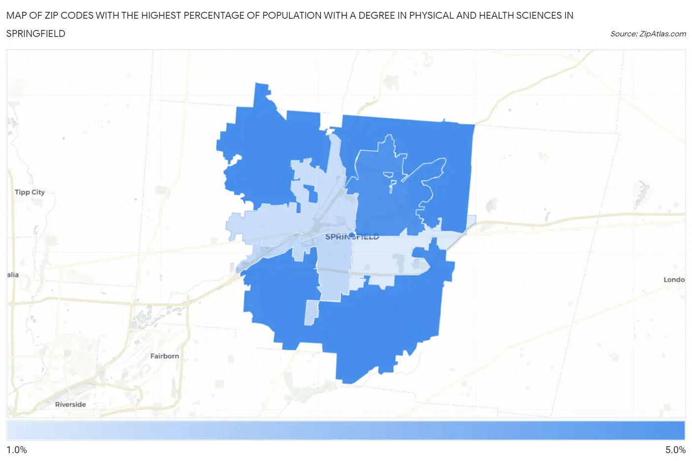 Zip Codes with the Highest Percentage of Population with a Degree in Physical and Health Sciences in Springfield Map