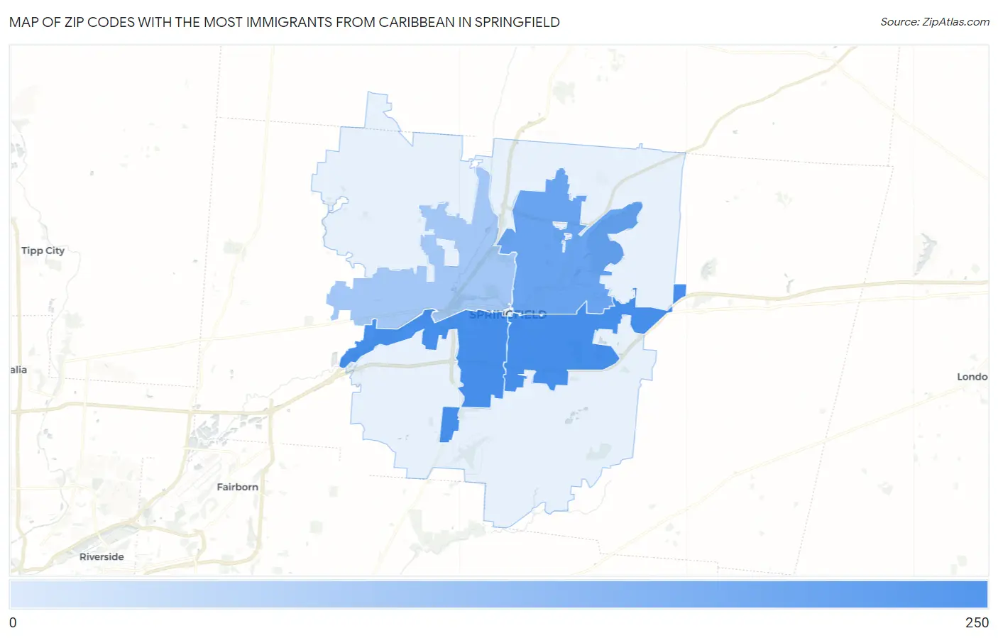 Zip Codes with the Most Immigrants from Caribbean in Springfield Map