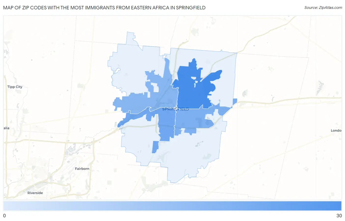 Zip Codes with the Most Immigrants from Eastern Africa in Springfield Map