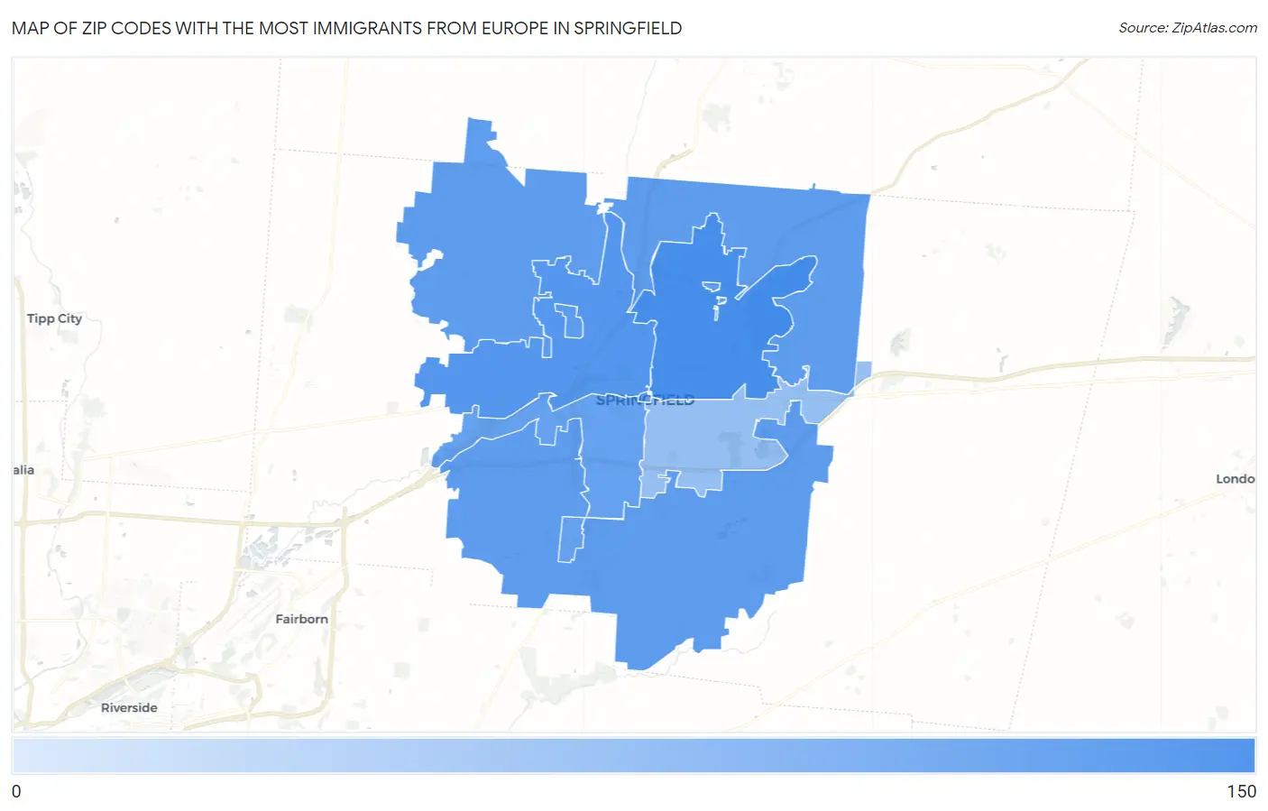 Zip Codes with the Most Immigrants from Europe in Springfield Map