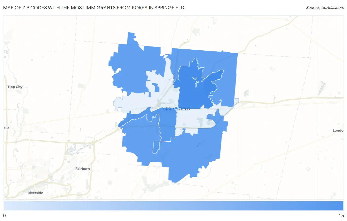Zip Codes with the Most Immigrants from Korea in Springfield Map