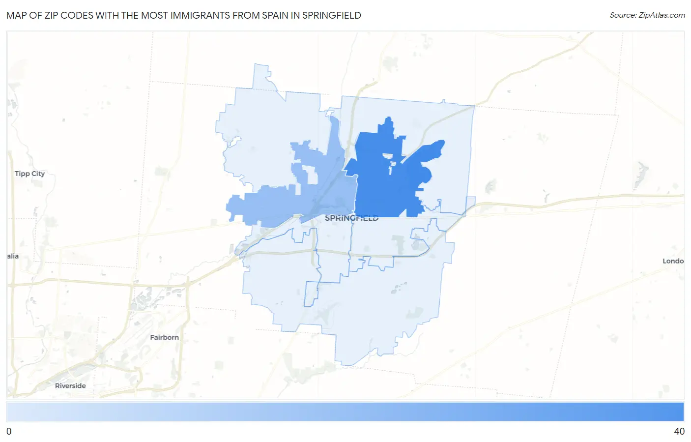 Zip Codes with the Most Immigrants from Spain in Springfield Map