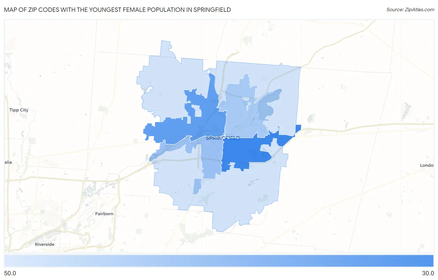 Zip Codes with the Youngest Female Population in Springfield Map