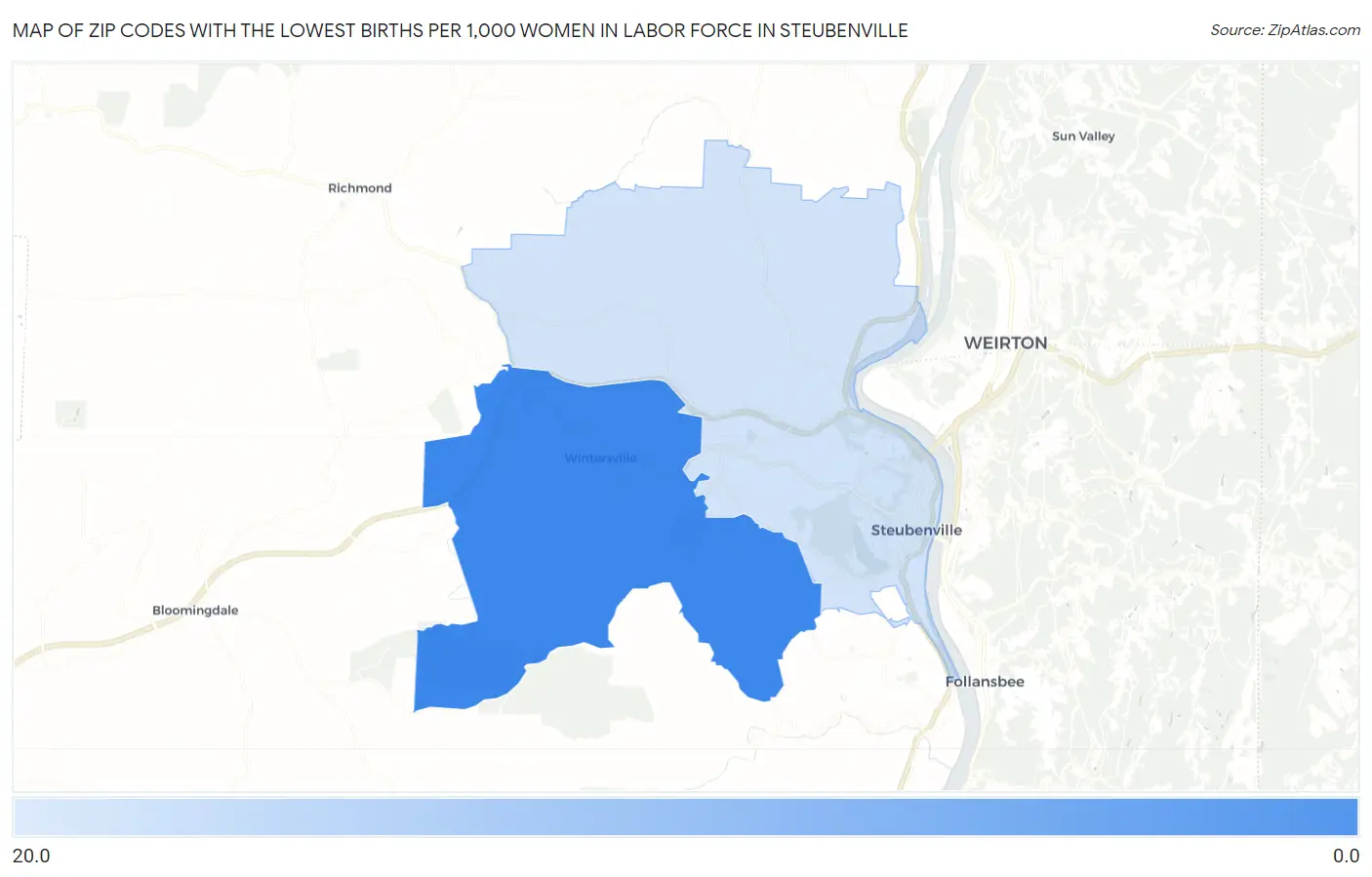 Zip Codes with the Lowest Births per 1,000 Women in Labor Force in Steubenville Map