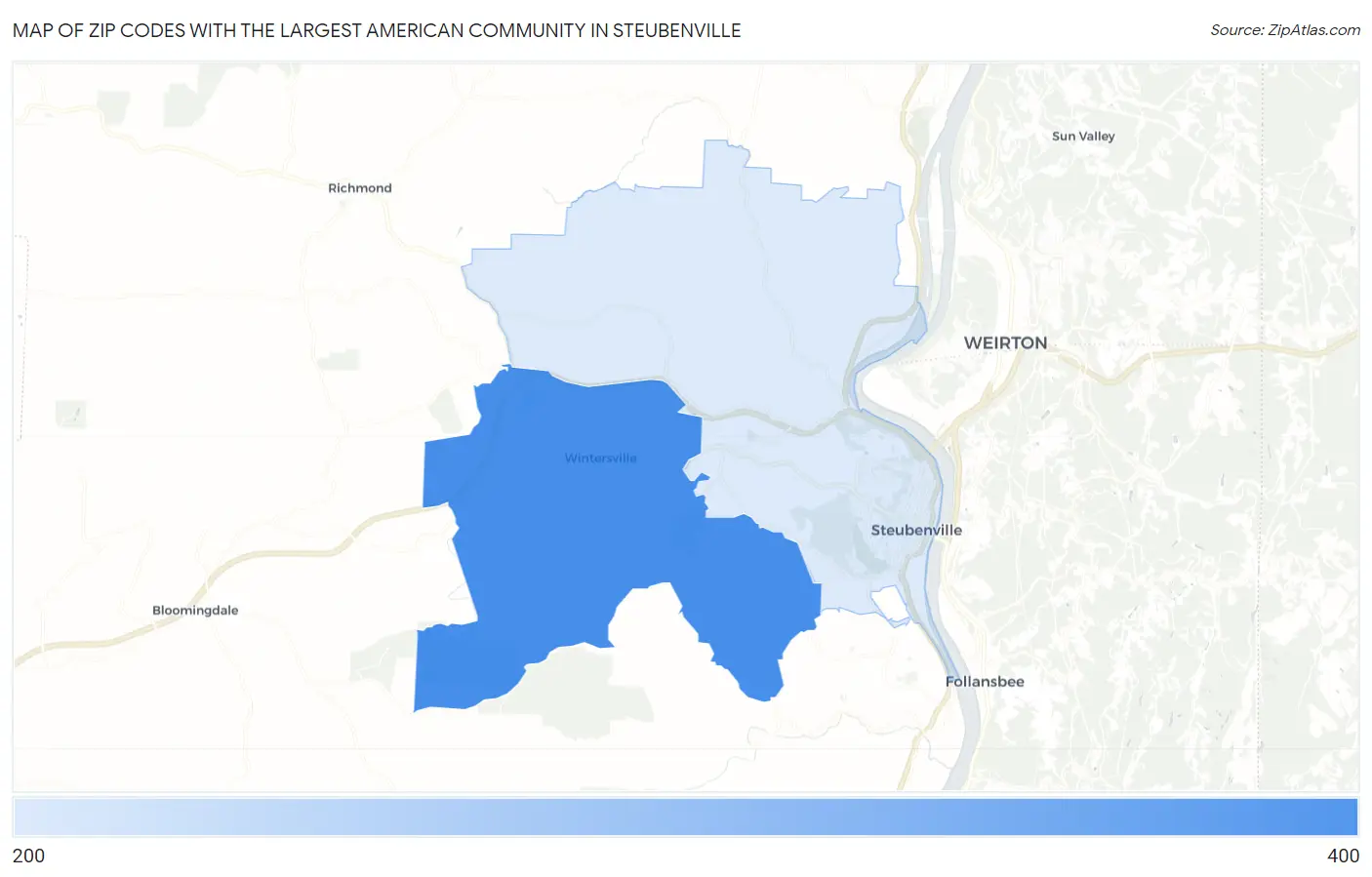 Zip Codes with the Largest American Community in Steubenville Map