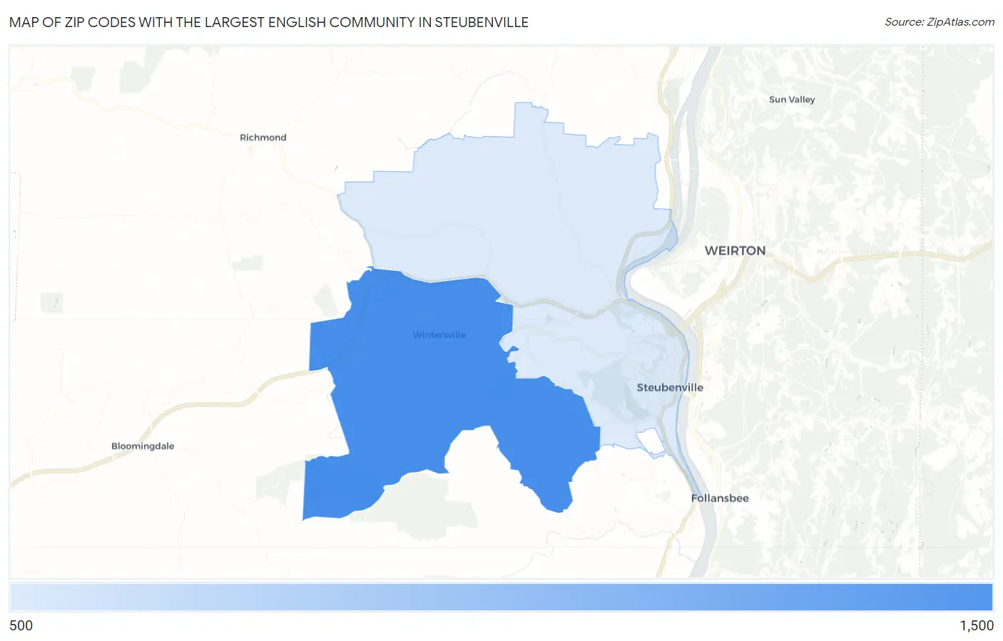 Zip Codes with the Largest English Community in Steubenville Map