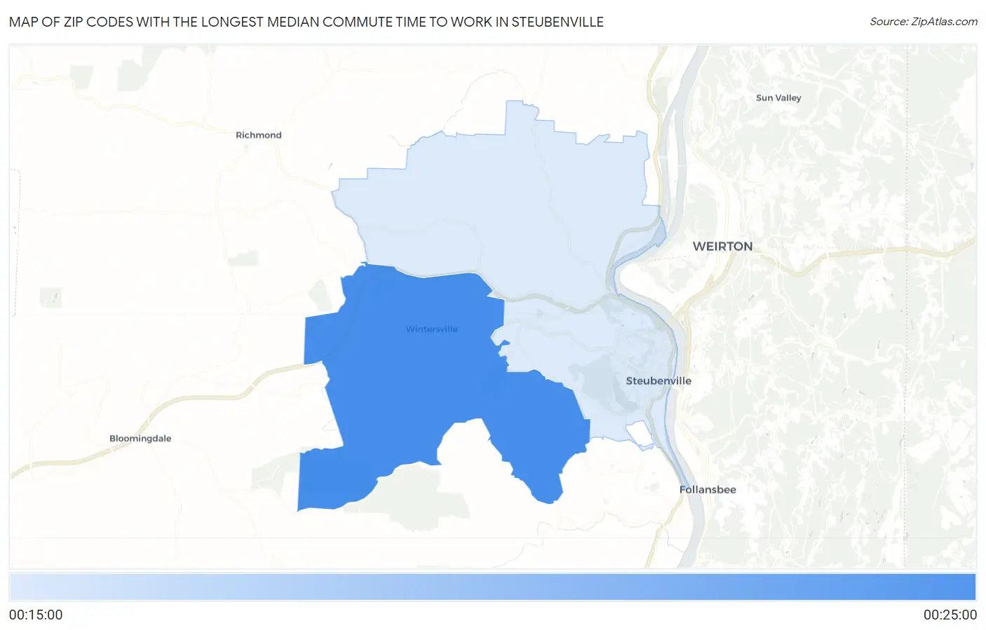 Zip Codes with the Longest Median Commute Time to Work in Steubenville Map