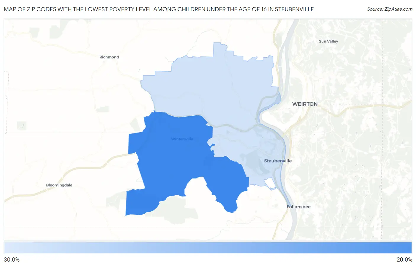 Zip Codes with the Lowest Poverty Level Among Children Under the Age of 16 in Steubenville Map