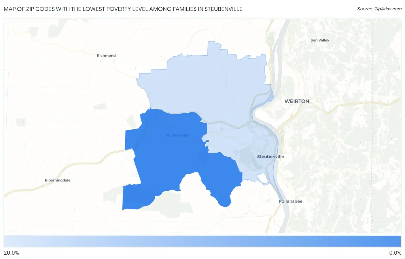 Zip Codes with the Lowest Poverty Level Among Families in Steubenville Map