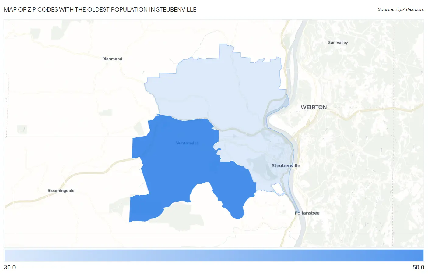 Zip Codes with the Oldest Population in Steubenville Map