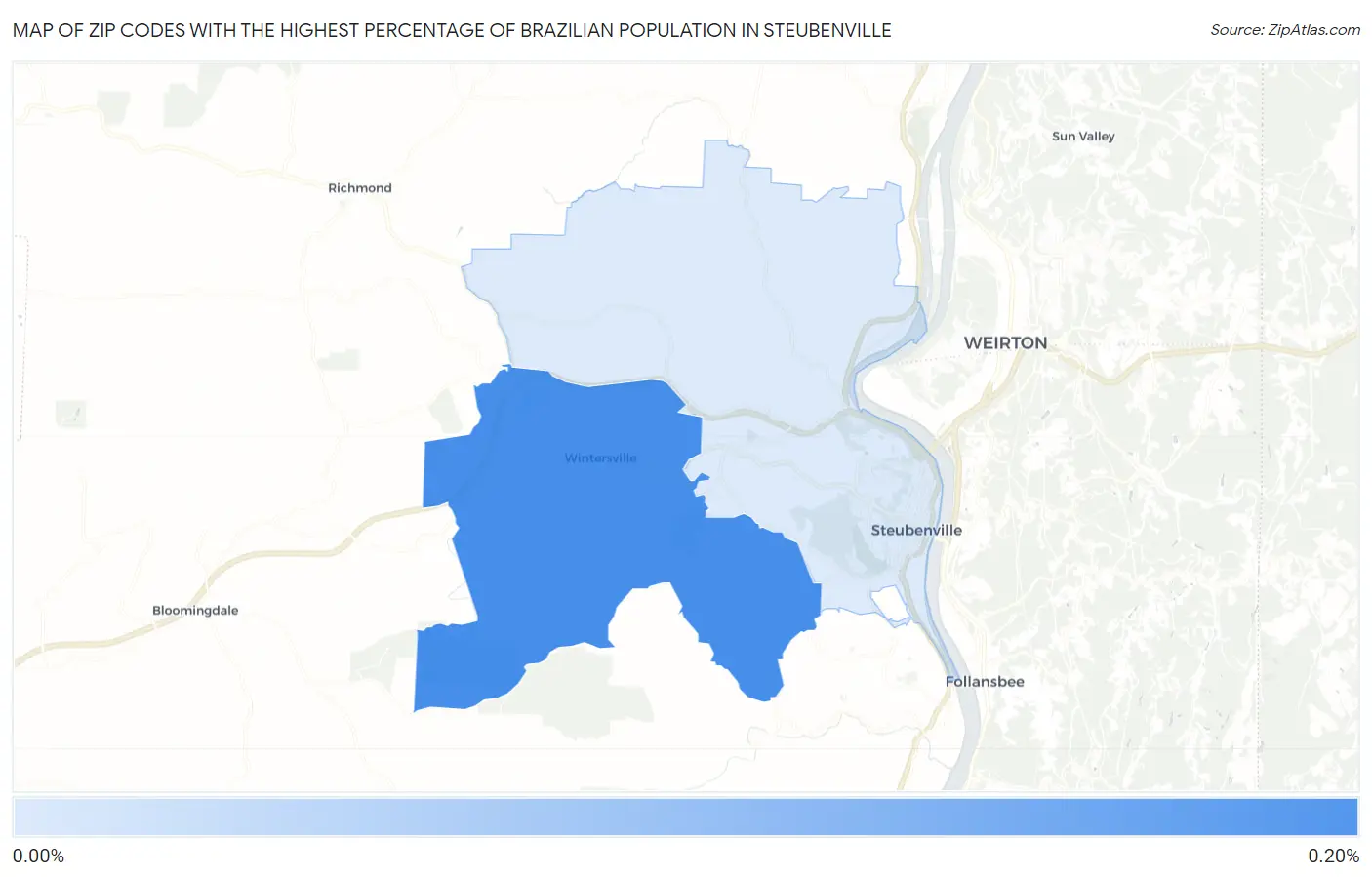 Zip Codes with the Highest Percentage of Brazilian Population in Steubenville Map