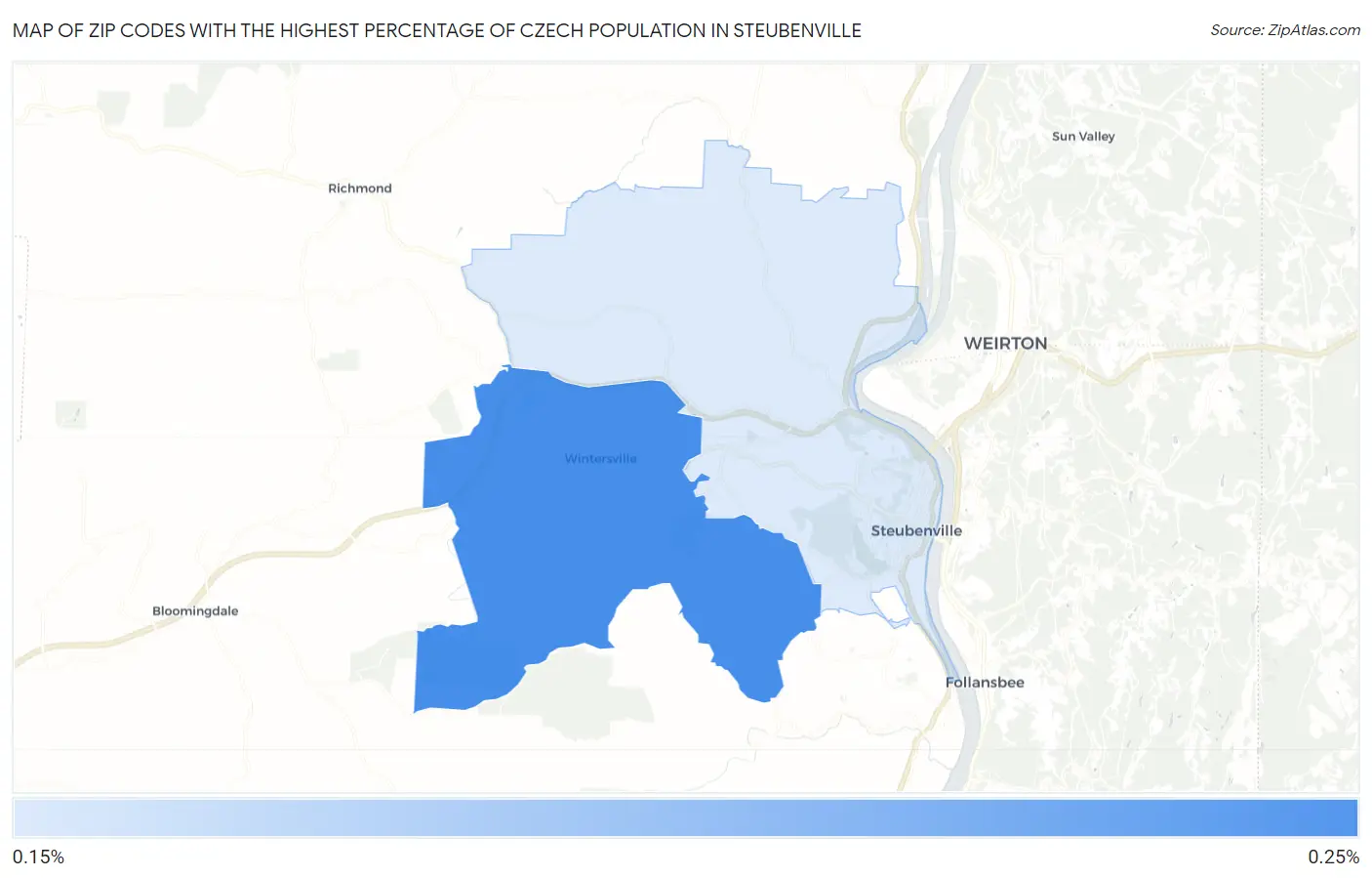 Zip Codes with the Highest Percentage of Czech Population in Steubenville Map