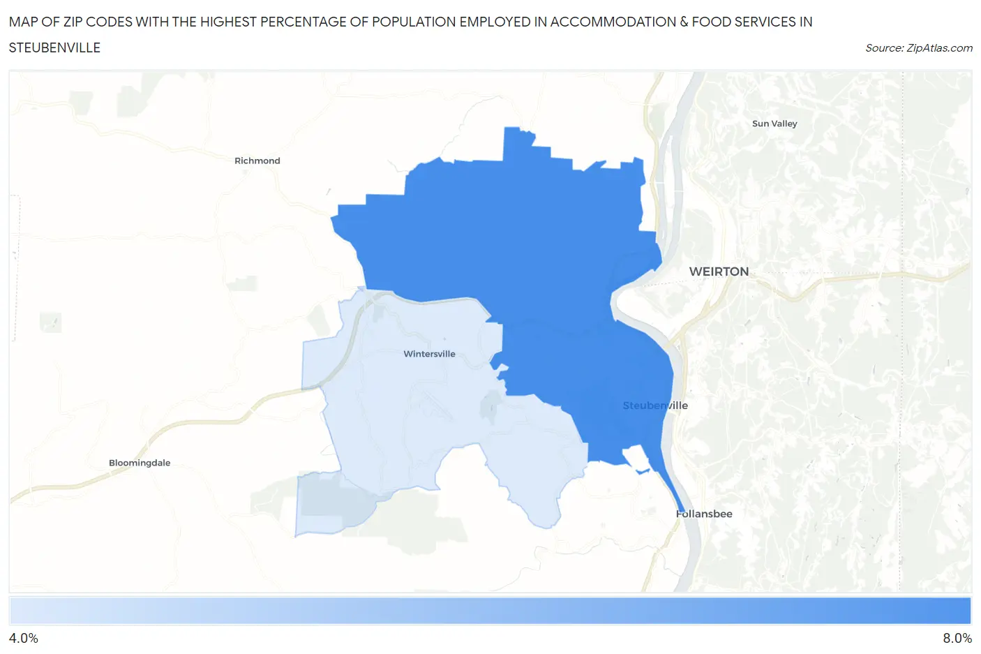 Zip Codes with the Highest Percentage of Population Employed in Accommodation & Food Services in Steubenville Map