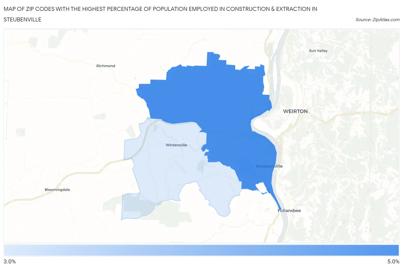 Zip Codes with the Highest Percentage of Population Employed in Construction & Extraction in Steubenville Map