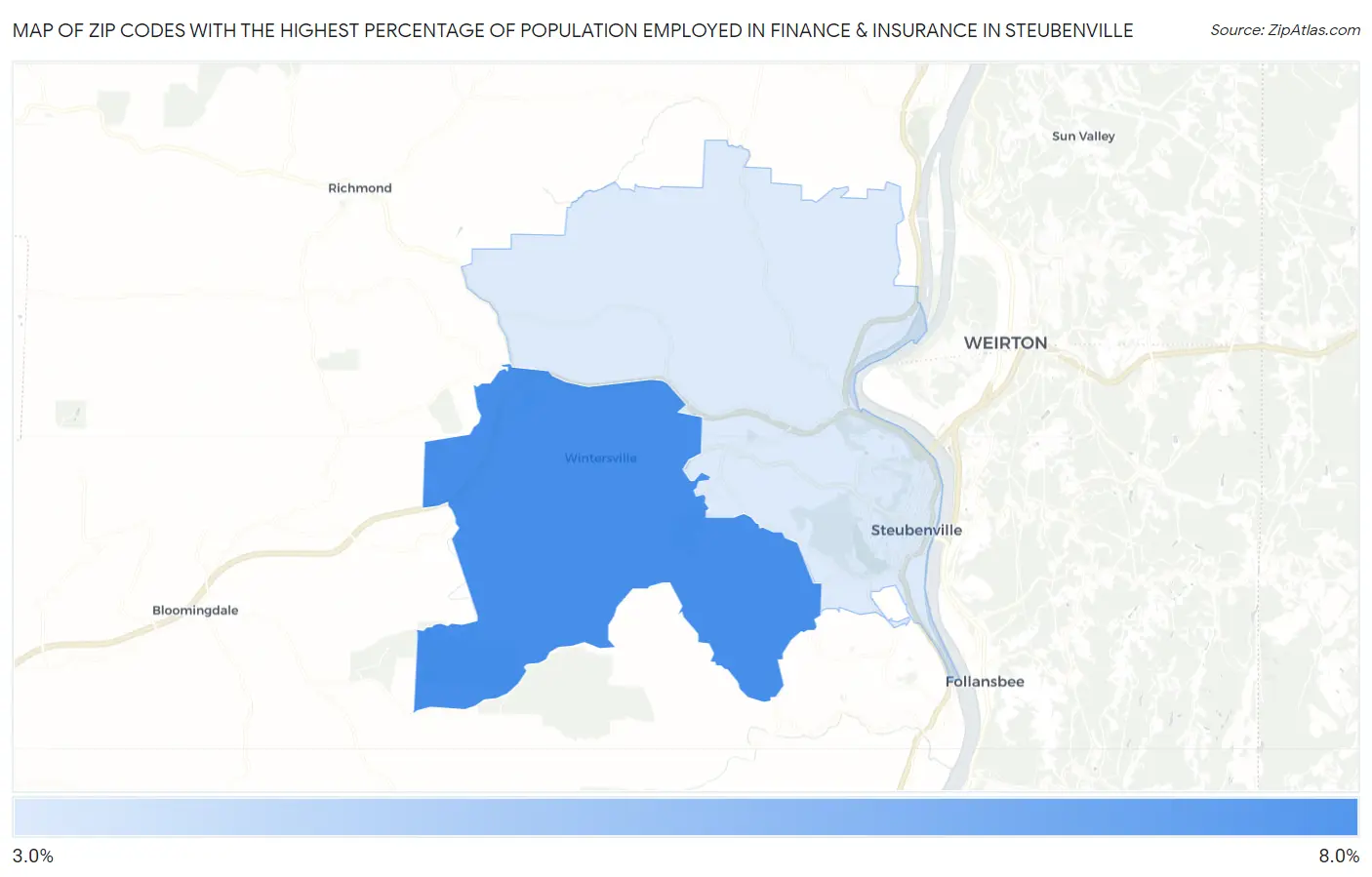 Zip Codes with the Highest Percentage of Population Employed in Finance & Insurance in Steubenville Map