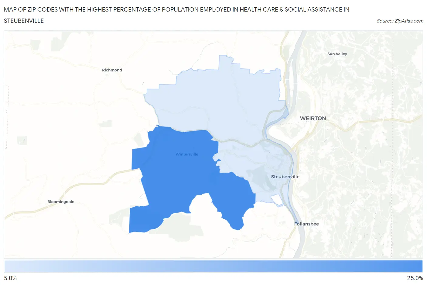 Zip Codes with the Highest Percentage of Population Employed in Health Care & Social Assistance in Steubenville Map