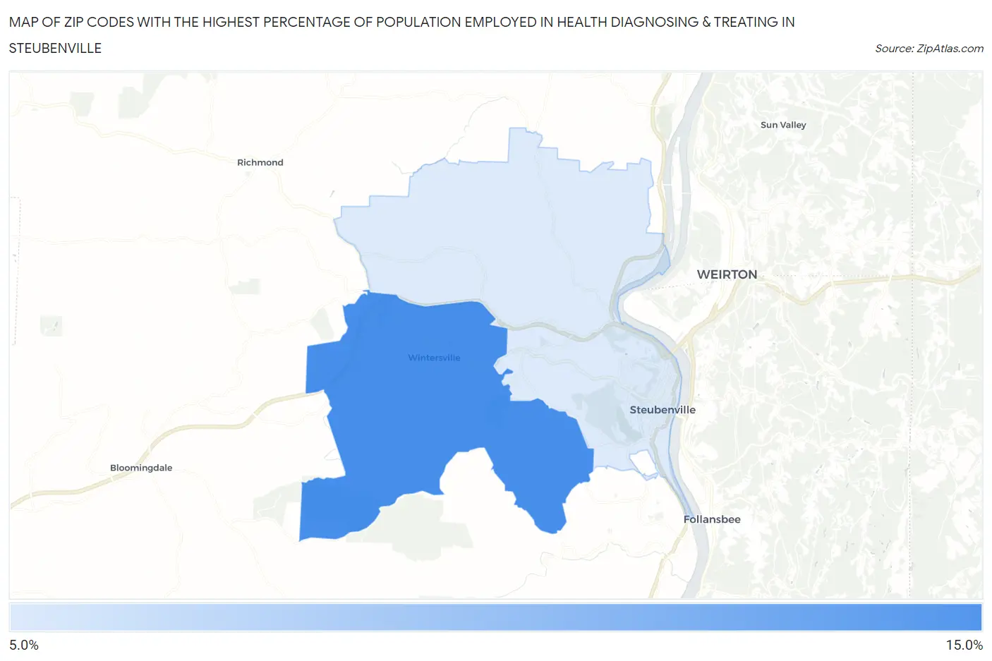 Zip Codes with the Highest Percentage of Population Employed in Health Diagnosing & Treating in Steubenville Map
