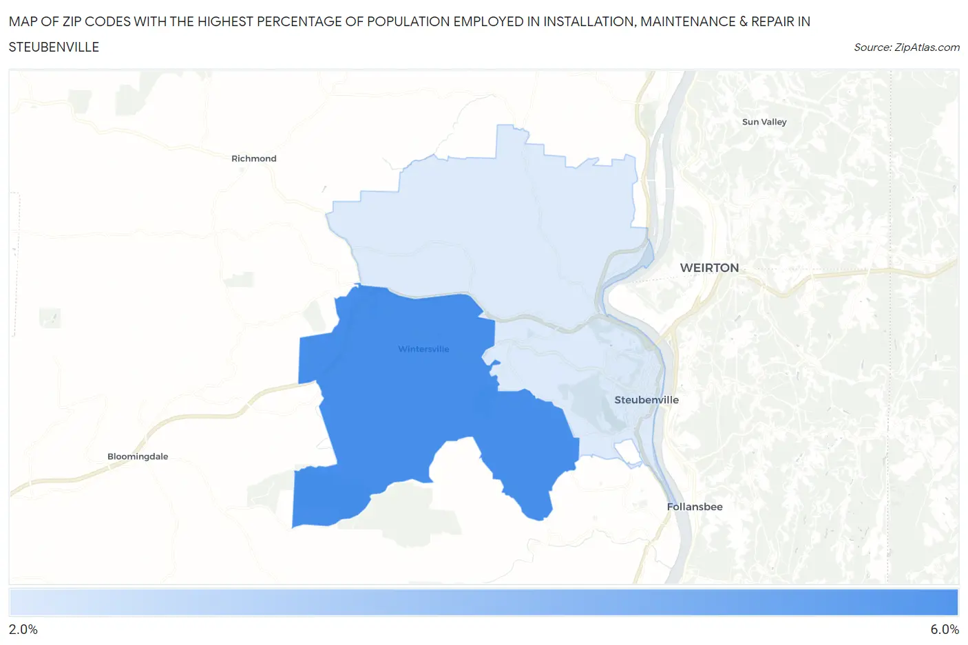 Zip Codes with the Highest Percentage of Population Employed in Installation, Maintenance & Repair in Steubenville Map