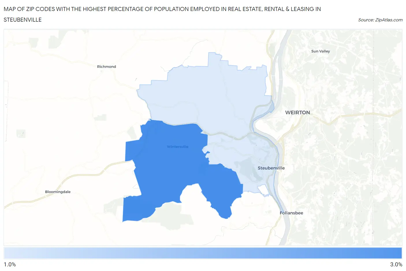 Zip Codes with the Highest Percentage of Population Employed in Real Estate, Rental & Leasing in Steubenville Map