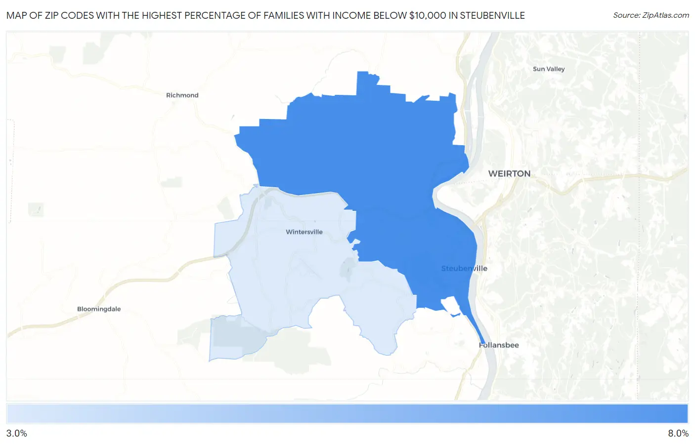 Zip Codes with the Highest Percentage of Families with Income Below $10,000 in Steubenville Map