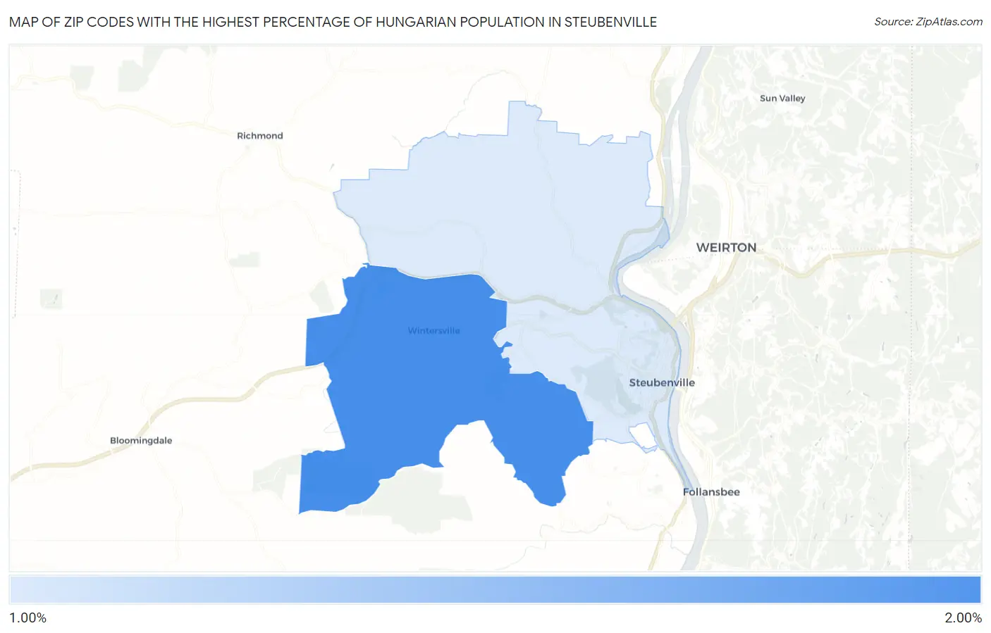 Zip Codes with the Highest Percentage of Hungarian Population in Steubenville Map