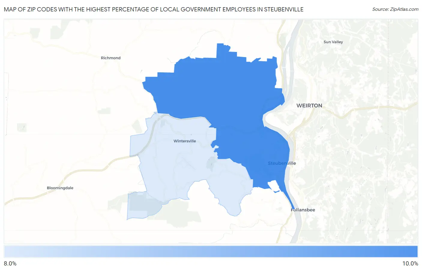 Zip Codes with the Highest Percentage of Local Government Employees in Steubenville Map