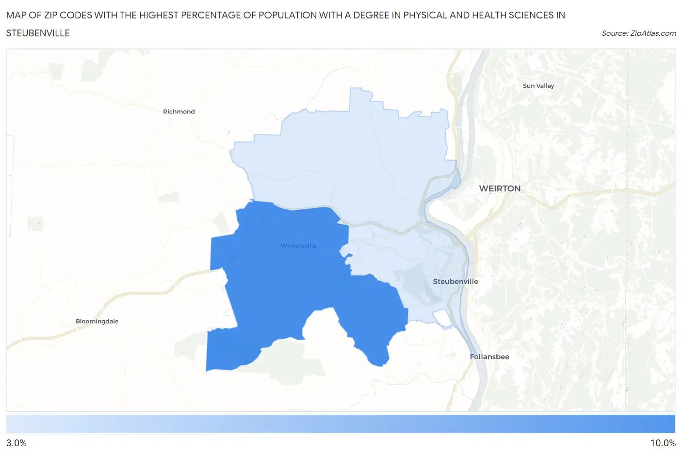 Zip Codes with the Highest Percentage of Population with a Degree in Physical and Health Sciences in Steubenville Map